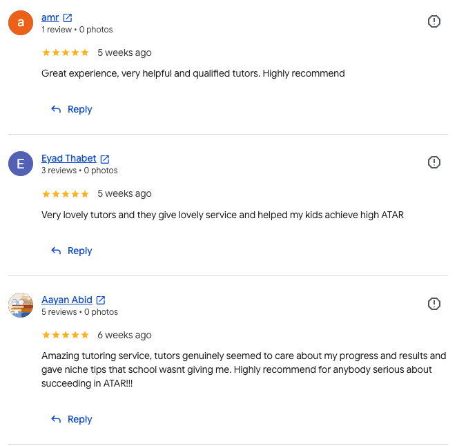Screenshot of Aventus Tutoring Google reviews, set 1