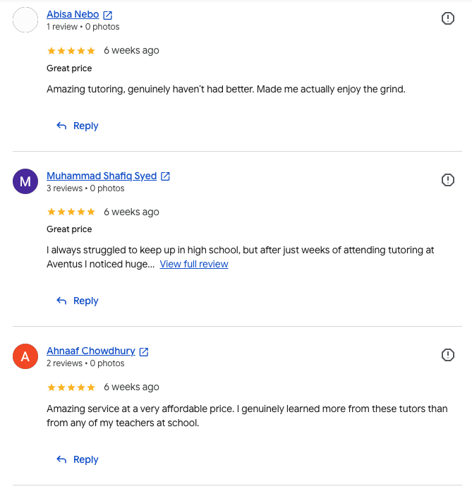 Screenshot of Aventus Tutoring Google reviews, set 2