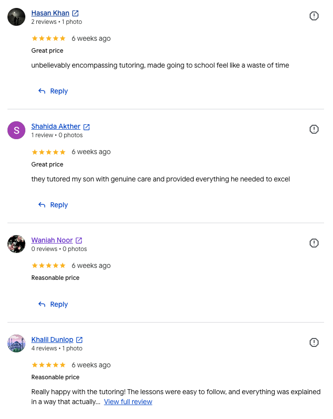 Screenshot of Aventus Tutoring Google reviews, set 3