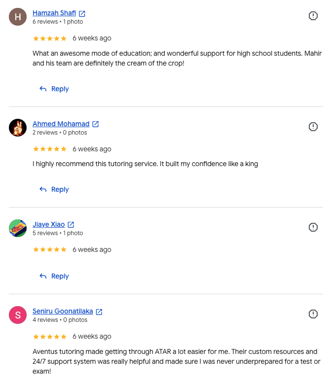 Screenshot of Aventus Tutoring Google reviews, set 5