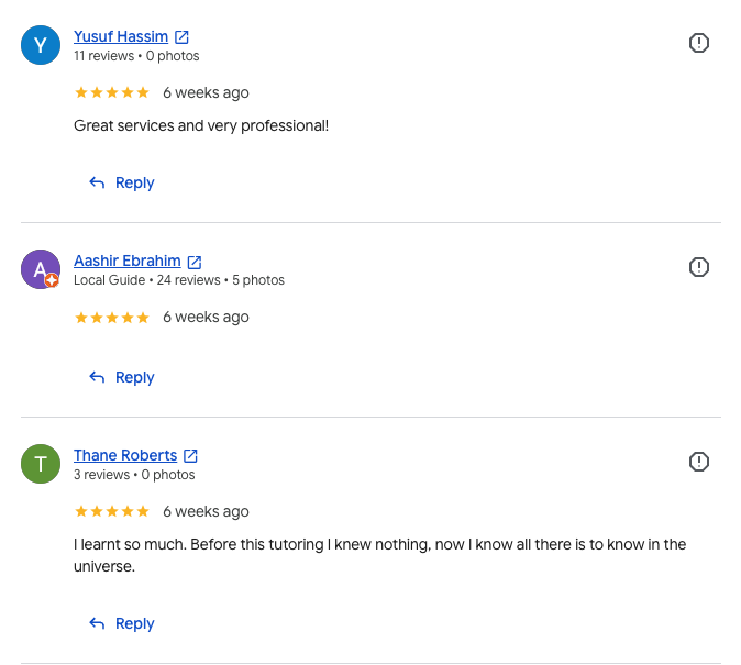 Screenshot of Aventus Tutoring Google reviews, set 6
